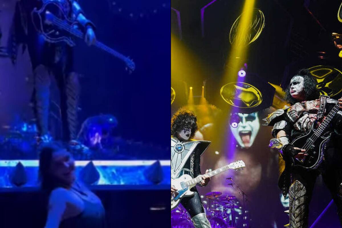 Gene Simmons de la banda Kiss moja los pechos de Celia Lora