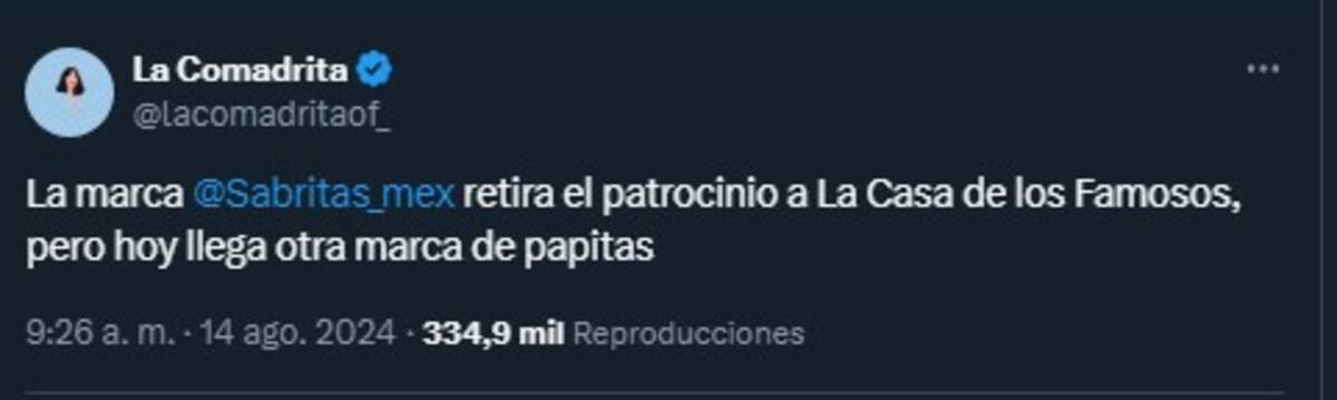 'La Comadrita' anunció que Sabritas retiró su patrocinio de La Casa de los Famosos México