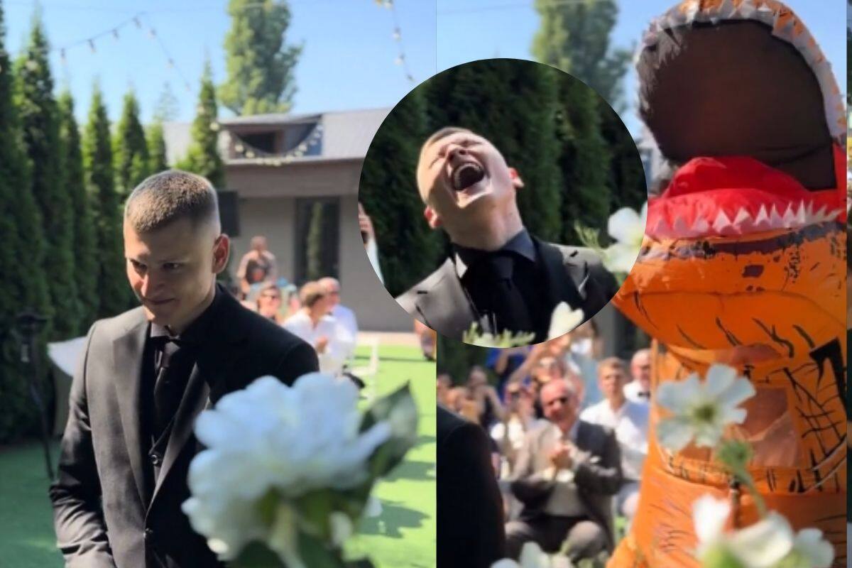 Así reaccionó el novio en el día de su boda al ver a su amigo disfrazado con una botarga de dinosaurio