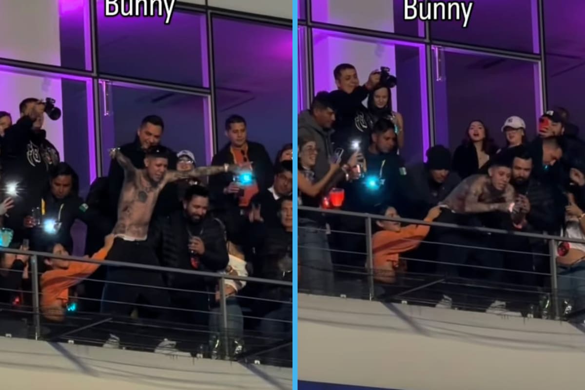 ¡Lo agarraron de los calzones! Santa Fe Klan es sostenido desde un balcón en concierto de Bad Bunny (VIDEO)