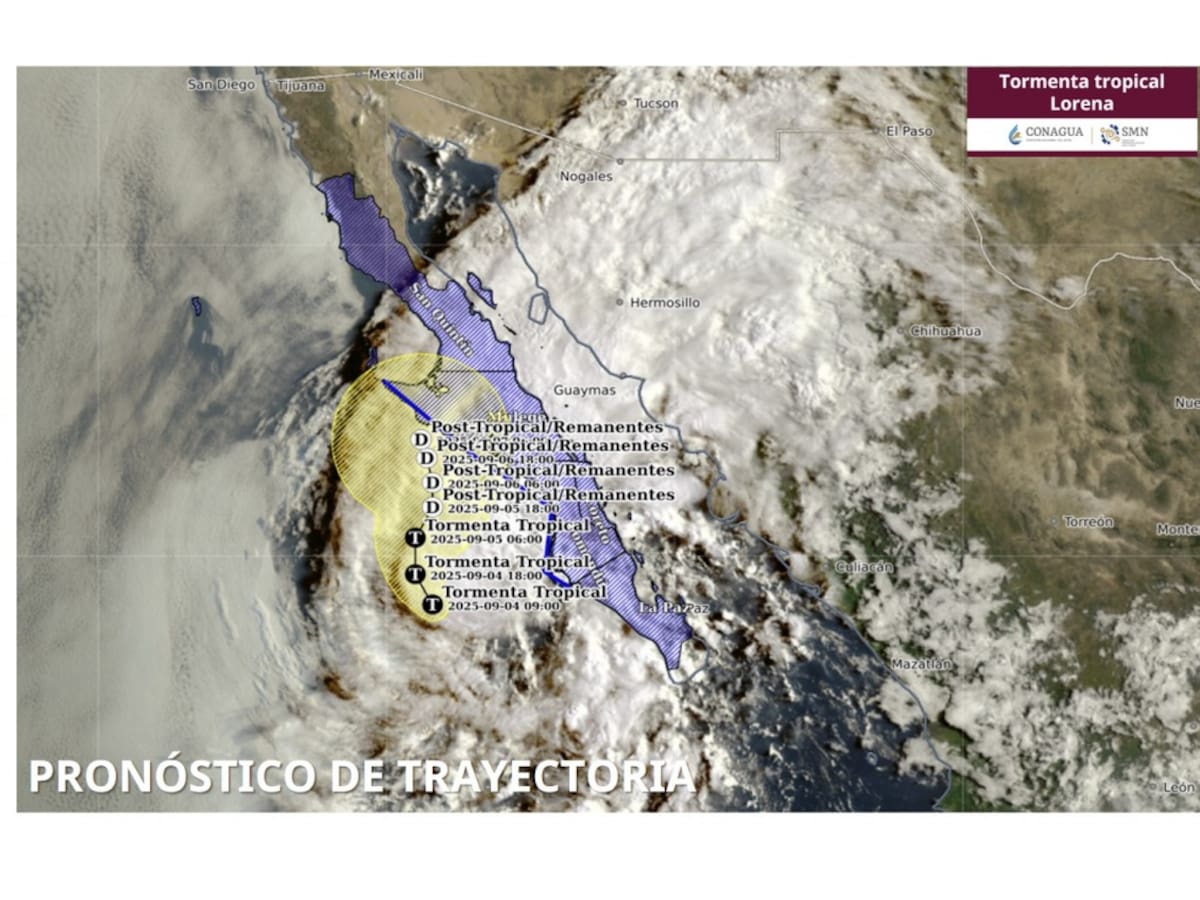 El SMN informa la trayectoria de la Tormenta Tropical Lorena.