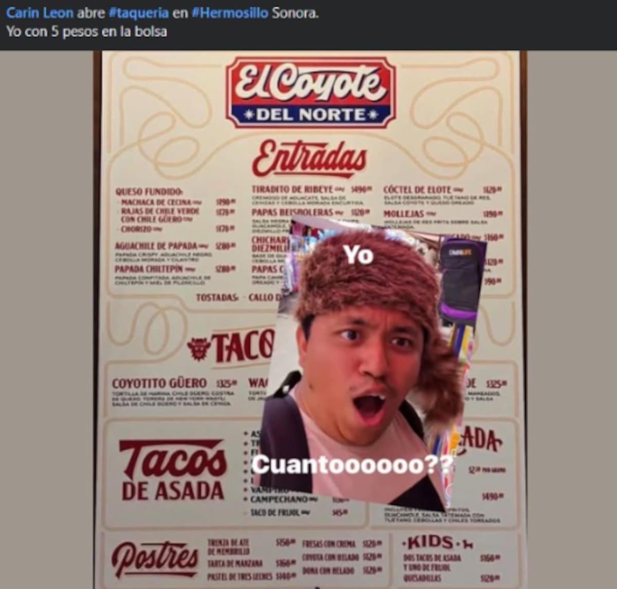 Comentarios y memes inundaron redes después de que se viralizara el menú de la taquería relacionada con Carín León.