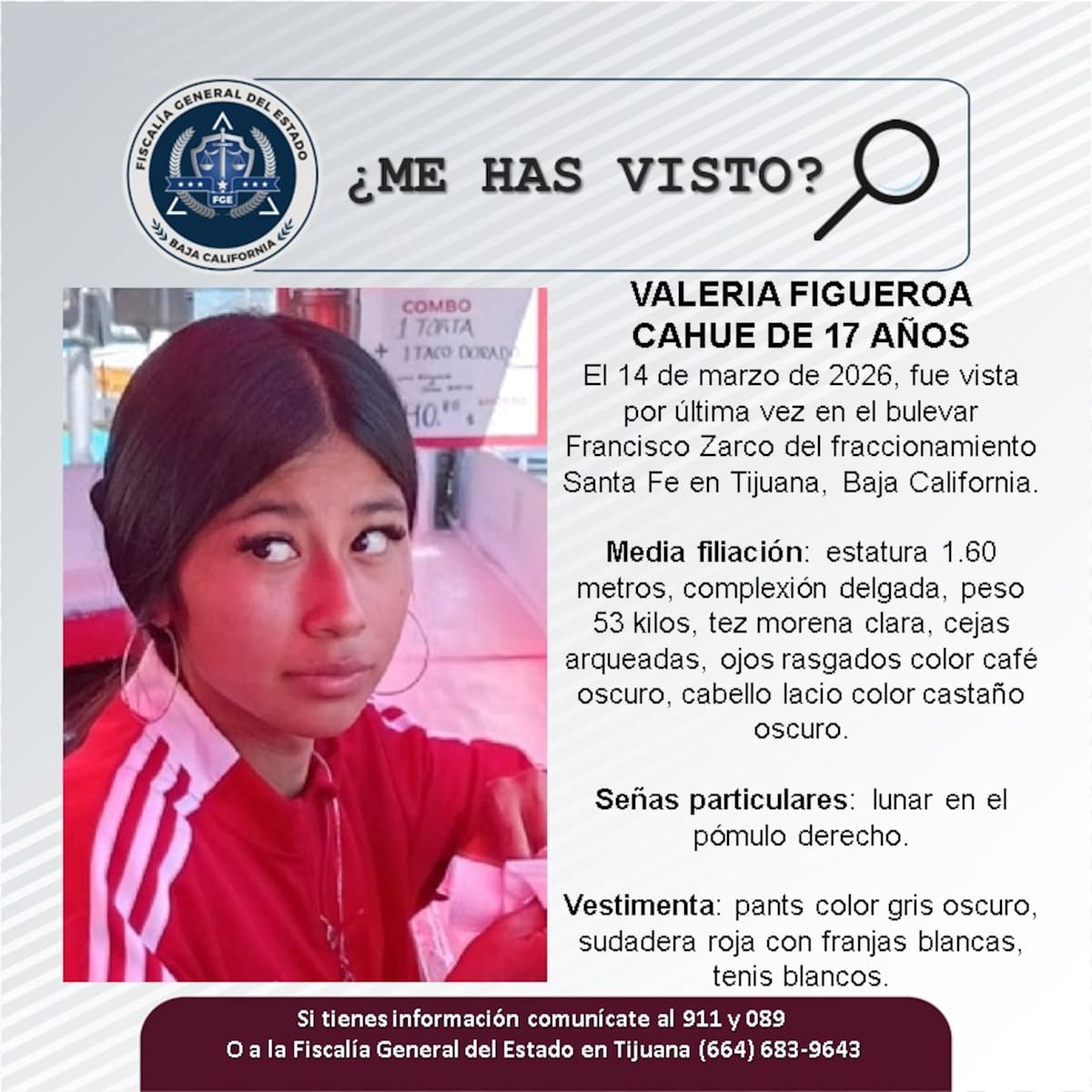 Fue vista por última vez el 14 de marzo de 2026.