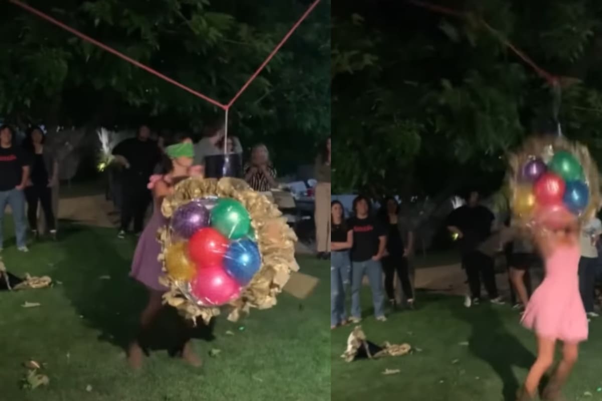 Niña se queda con la piñata atorada en la cabeza y el divertido momento termina en accidente
