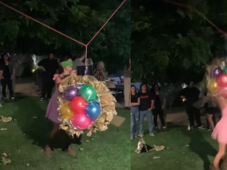 Niña se queda con la piñata atorada en la cabeza y el divertido momento termina en accidente