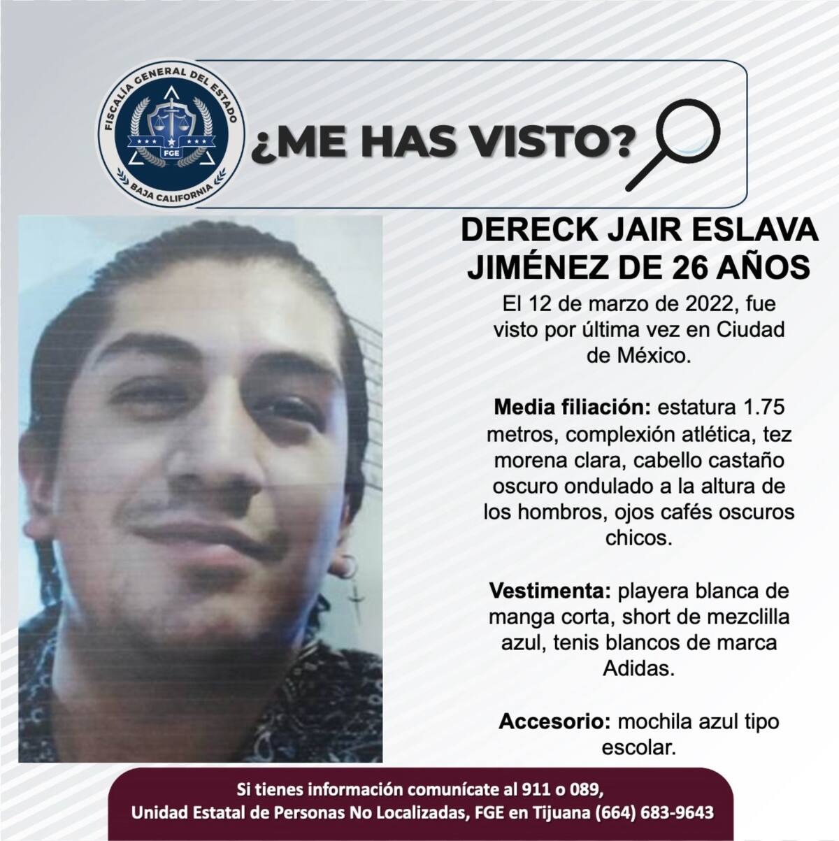 Dereck Jair Eslava Jiménez fue vista por última vez el 12 de marzo de 2022.