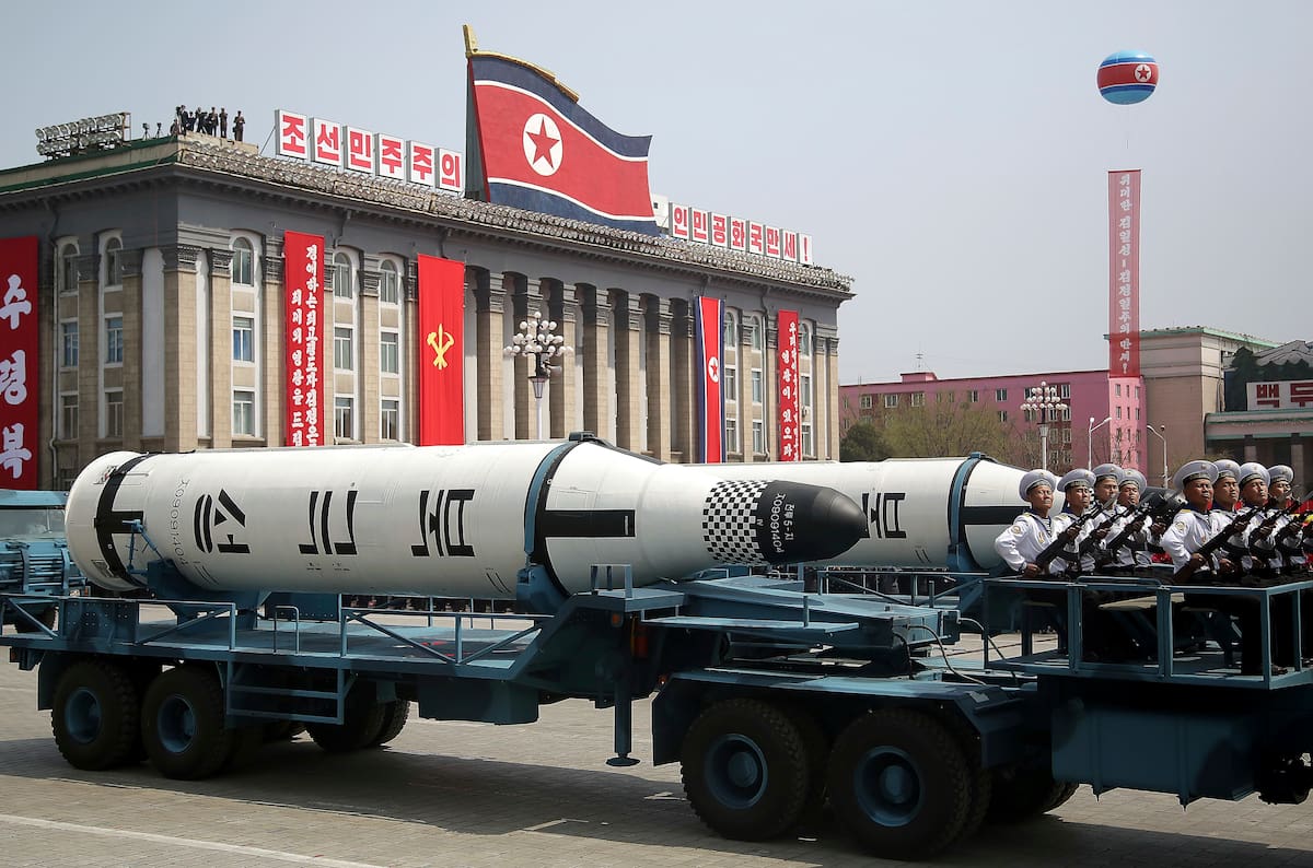 In this Saturday, April 15, 2017, file photo, a submarine-launched ballistic missile is displayed in Kim Il Sung Square during a military parade in Pyongyang, North Korea, to celebrate the 105th birth anniversary of Kim Il Sung, the country's late founder and grandfather of current ruler Kim Jong Un. (AP Photo/Wong Maye-E, File)