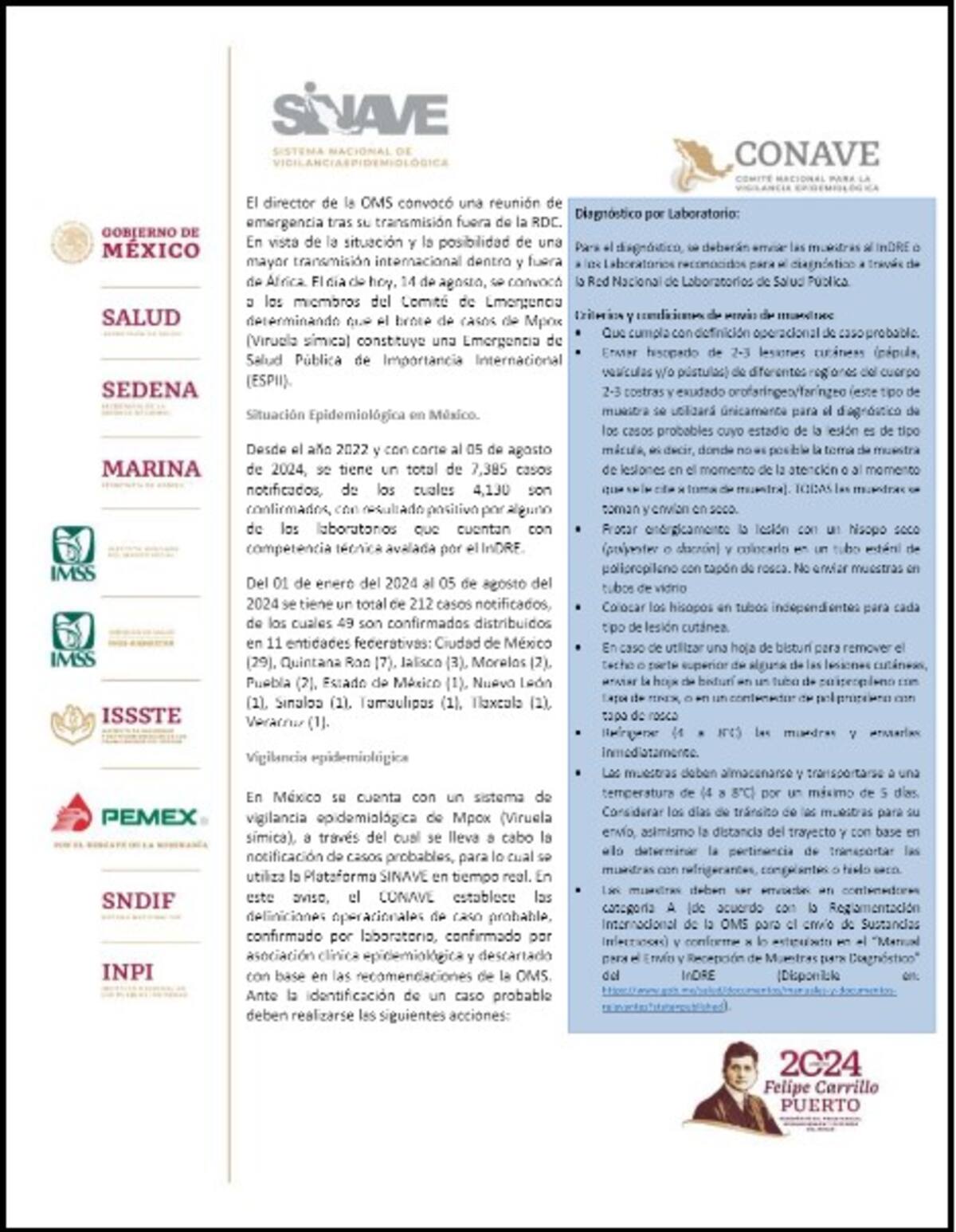 Parte del comunicado de la Secretaría de Salud sobre casos de mpox (viruela del mono) en México. | Gob.mx