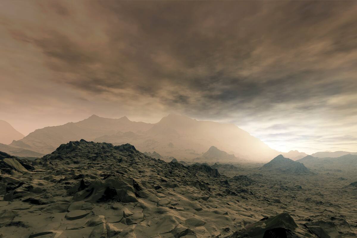 Surface of Venus. Artwork of storms and volcanic gases on the surface of Venus. This is the hottest planetary surface in the solar system, with temperatures of nearly 500 degrees Celsius. This is due to its dense carbon dioxide atmosphere that traps the Sun's heat. The surface atmospheric pressure is around 90 times that on Earth. Clouds of sulphuric acid obscure the Sun and the rest of the sky. Venus is 108 million kilometres from the Sun, around around two-thirds of the Earth-Sun distance, and is slightly smaller than Earth.