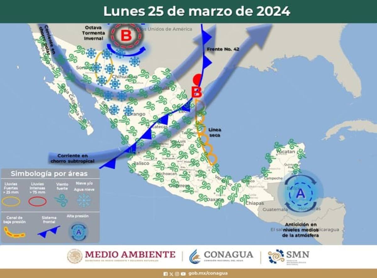 Esquema del avance de la Octava Tormenta Invernal y el Frente Frío 42.
