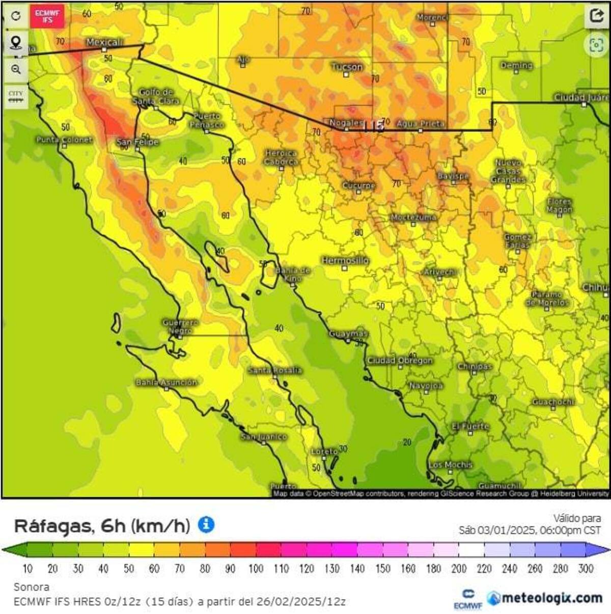 Pronóstico de rachas de viento y clima para Sonora durante ingreso de frente frío que se prevé para el primer fin de semana de marzo.