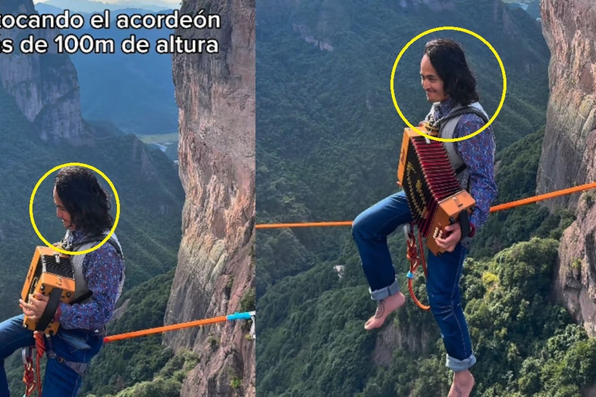 Joven se vuelve viral al tocar el acordeón a 100 metros de altura, sentado sobre una cuerda