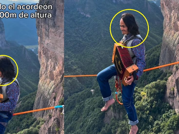 Joven se vuelve viral al tocar el acordeón a 100 metros de altura, sentado sobre una cuerda