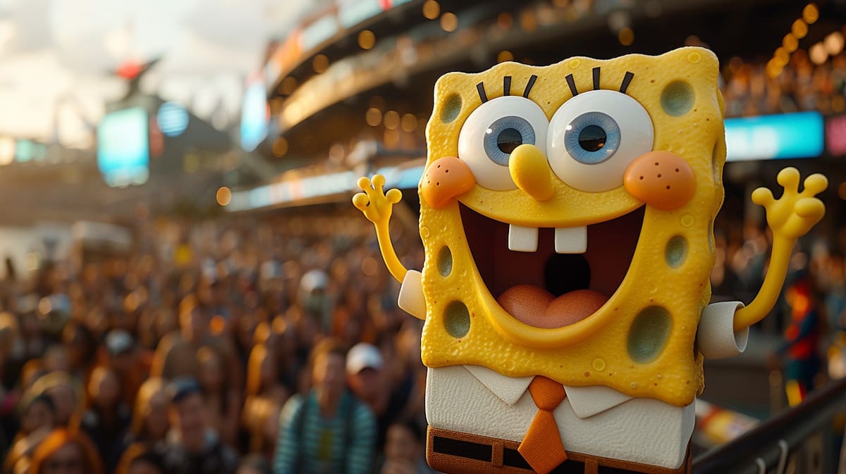 La inteligencia artificial de Midjourney ofrece una visión única de Bob Esponja parado frente a un micrófono en un estadio de la NFL.