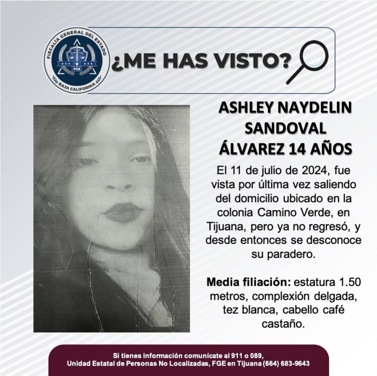 Ashley Naydelin Sandoval Álvarez fue vista por última vez el 11 de julio del 2024.