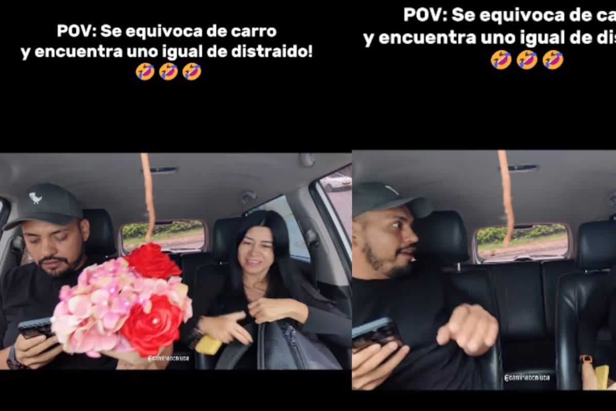 “Igual de distraídos los dos”: mujer se sube al auto equivocado y un desconocido le da flores sin notar el error