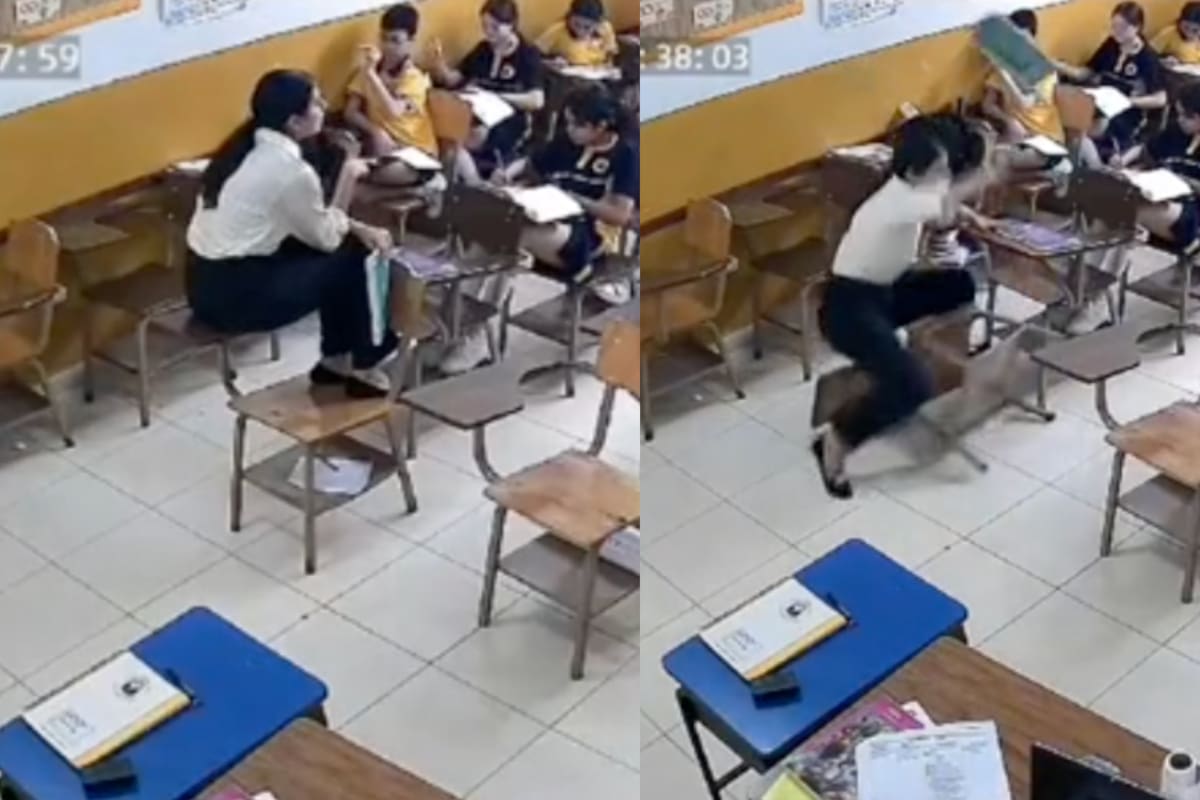 VIDEO | Profesora sufre TREMENDA caída en el salón de clases por sentarse en la paleta del mesabanco
