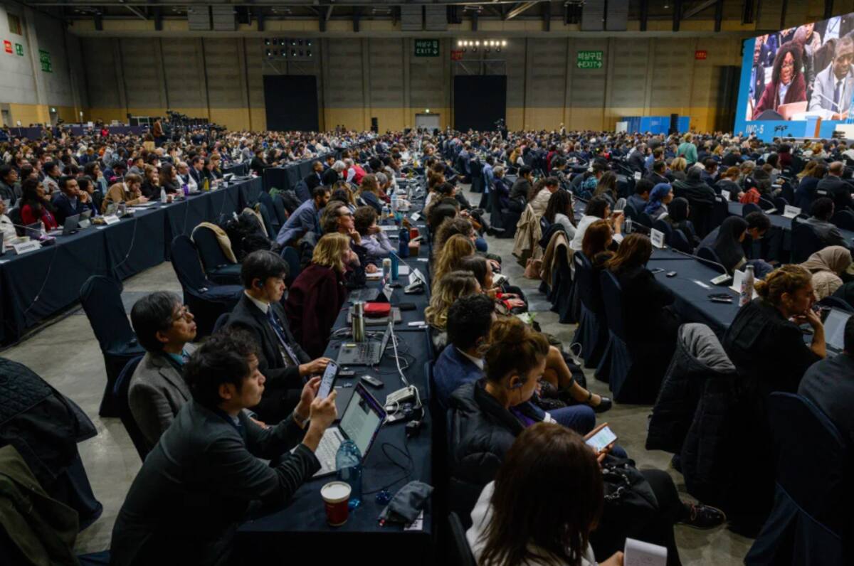 Delegados e invitados asisten a una sesión plenaria abierta de la quinta sesión del Comité de Negociación Intergubernamental de las Naciones Unidas sobre la Contaminación Plástica (INC-5) en Busan el 1 de diciembre. / Anthony Wallace-AFP-Getty Images