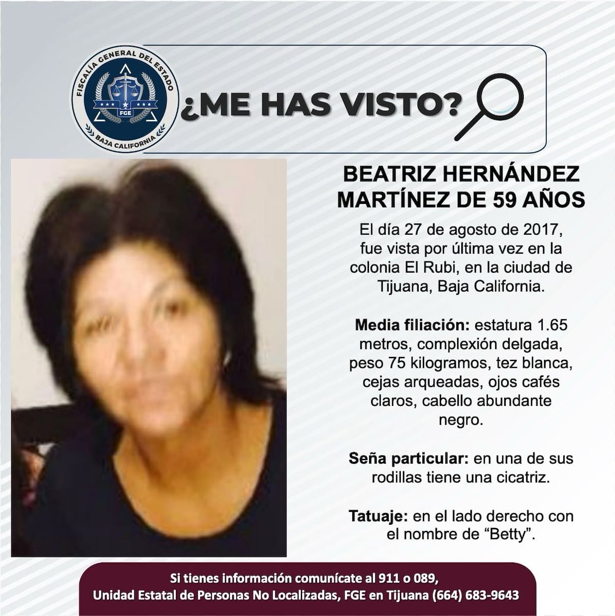 Beatriz Hernández Martínez fue vista por última vez el 27 de agosto de 2017.