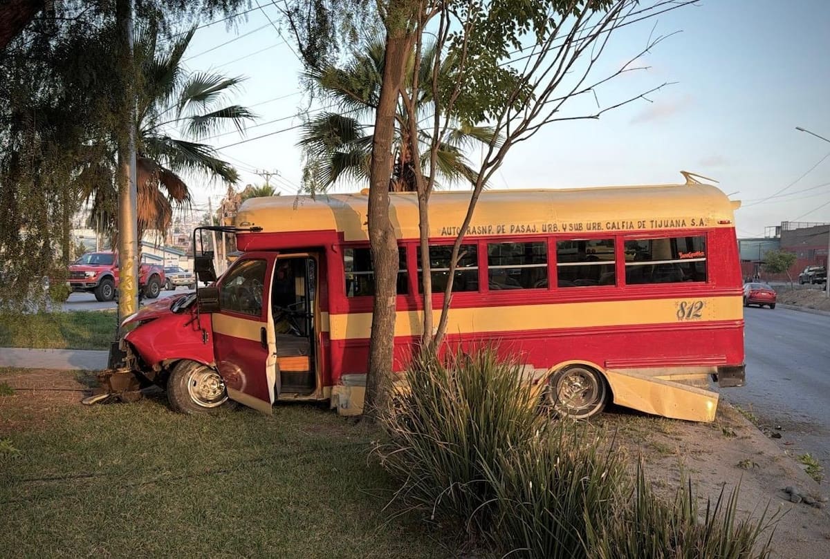 Una unidad de transporte público se salió de control y avanzó varios metros antes de detenerse; no se reportaron personas lesionadas. Foto: Border Zoom