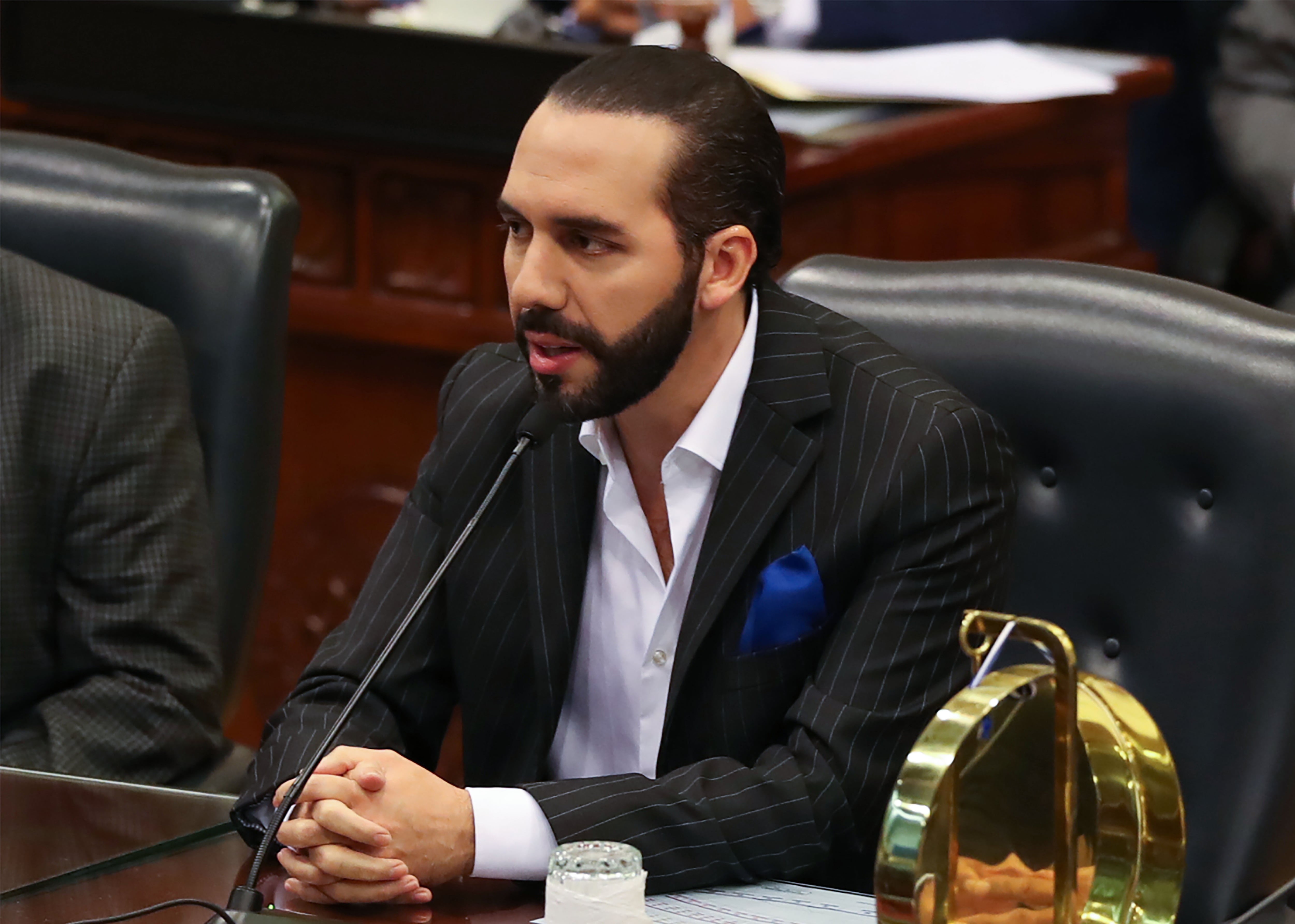Salvadoran President Nayib Bukele, speaks asking for permission to leave the country in official trips during an ordinary session at the National Assembly on San Salvador, on June 3, 2019. (Photo by Oscar Rivera / AFP)