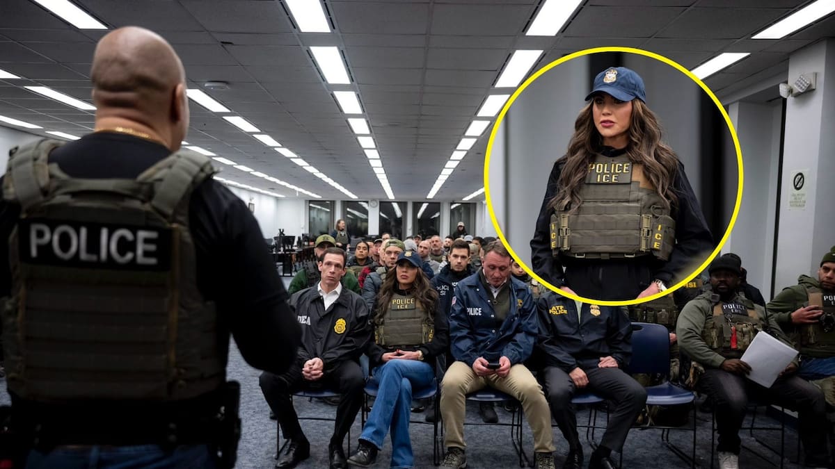 Fotografía tomada de la red social X de la cuenta @Sec_Noem, que muestra a la secretaria de Seguridad Nacional de Estados Unidos, Kristi Noem, hablando con agentes del Servicio de Control de Inmigración y Aduanas (ICE) durante un operativo este martes, en Nueva York (EE.UU.).