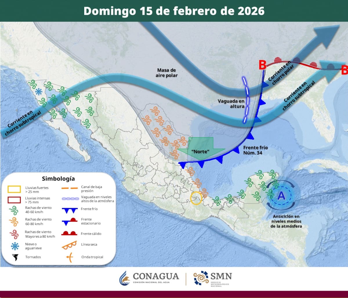 Pronóstico del clima para el domingo 15 de febrero del 2026. | Crédito: SMN