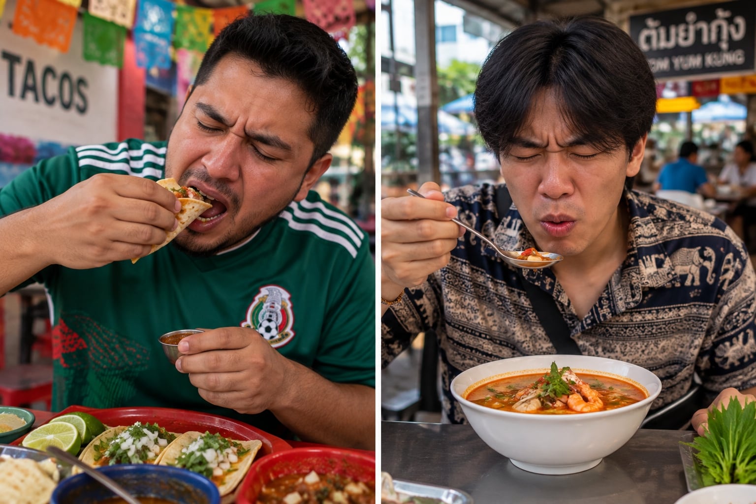 Los mexicanos suelen llevar el chile a tacos y antojitos mediante salsas y condimentos; los tailandeses lo integran a pastas, currys y sopas para construir el sabor desde la preparación. | Imagen hecha con IA de ChatGPT