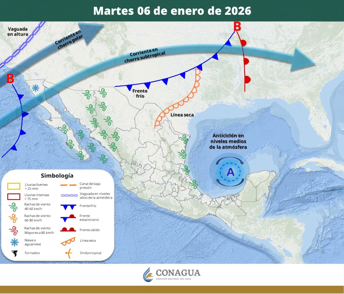 Pronóstico del clima para el martes 6 de enero del 2026. | Crédito: SMN