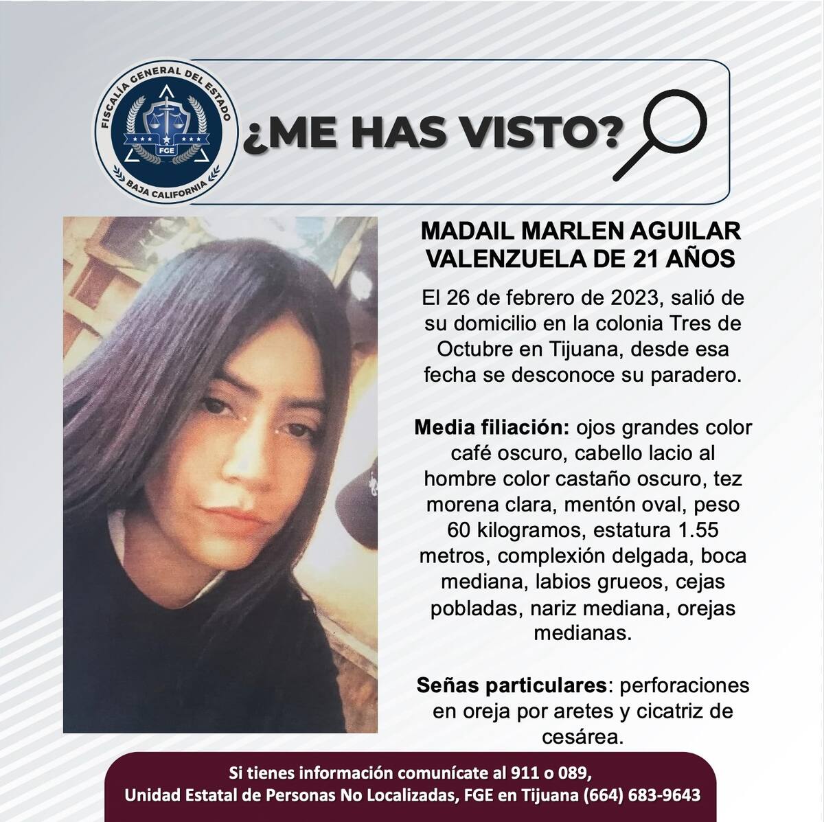 Madail Marlen Aguilar Valenzuela fue vista por última vez el 26 de febrero de 2023.