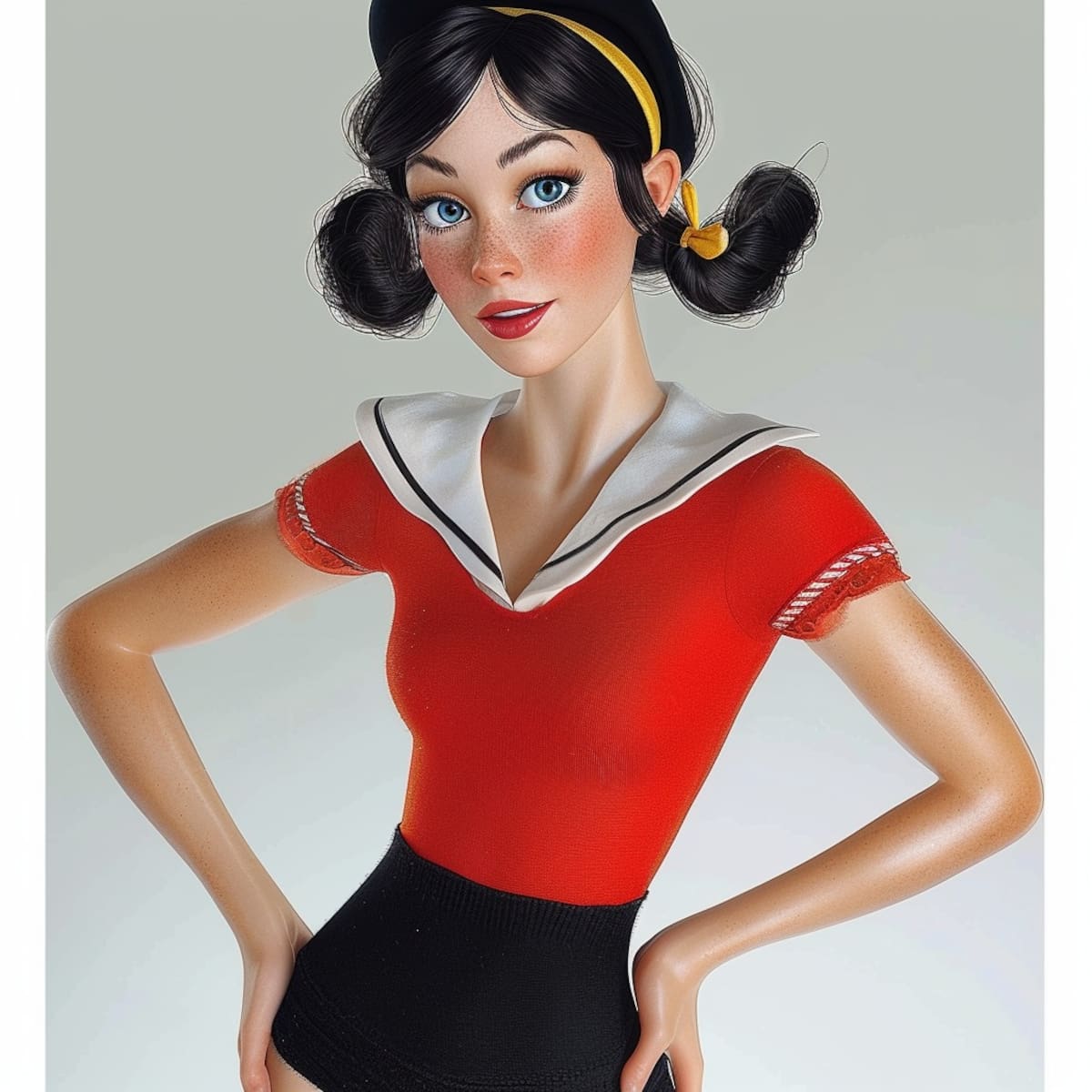 Cambios de vestuario: La IA sorprende al imaginar a Olivia con tonalidades negras y detalles en rojo, rompiendo con la falda tradicional de los dibujos animados.