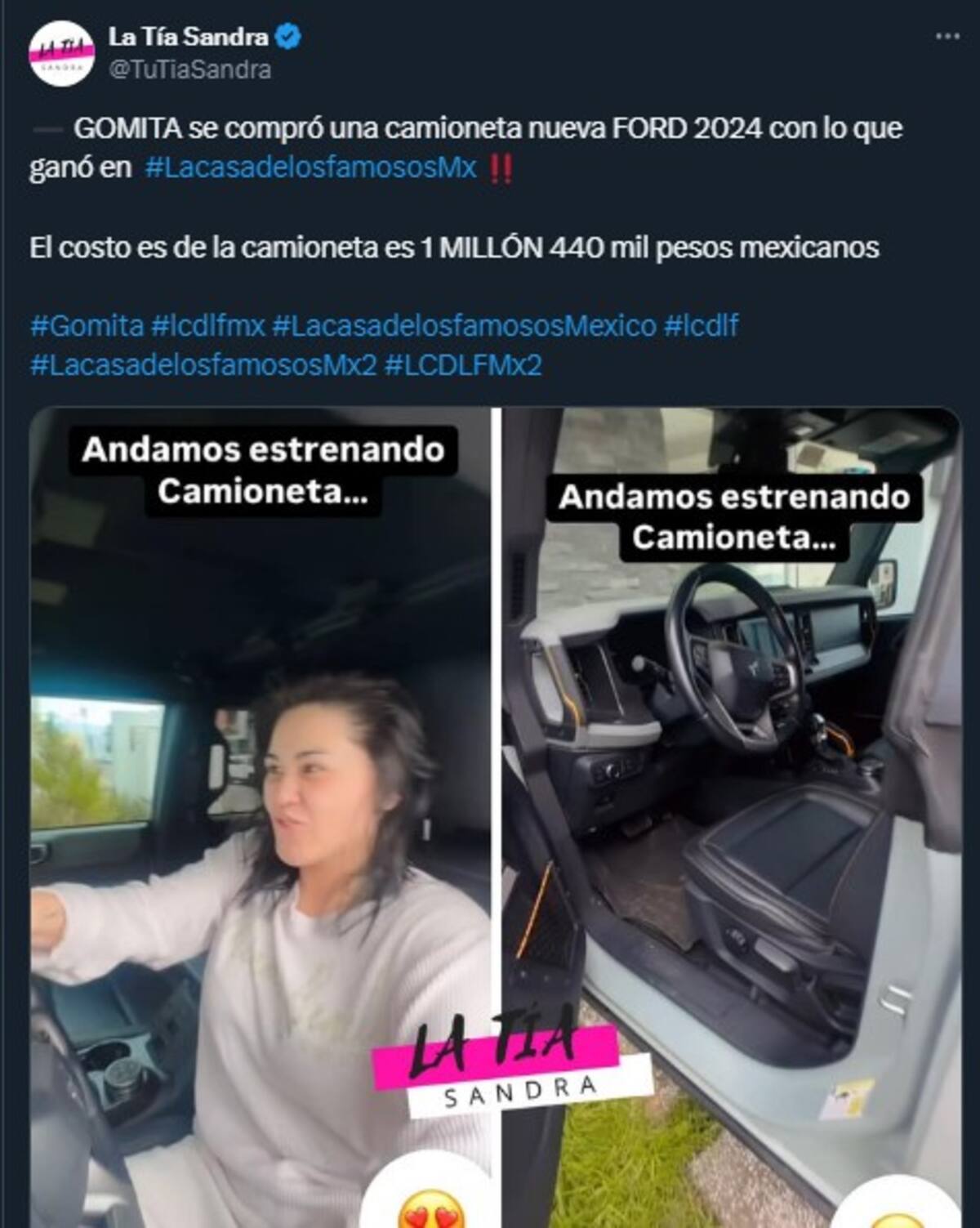 La cuenta de 'La Tía Sandra' compartió el valor estimado de la camioneta de Gomita / Cuenta de X: @TuTiaSandra