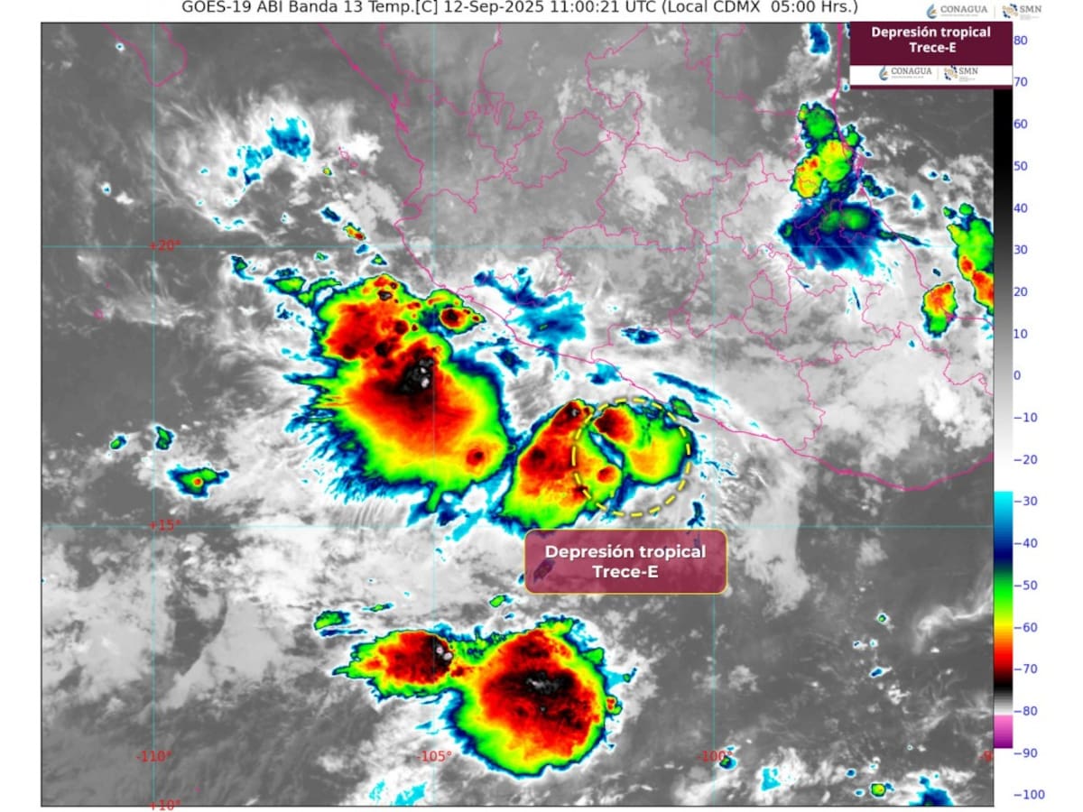 Trece-E avanza en el Pacífico: zonas en alerta por lluvias y oleaje. | Crédito: SMN