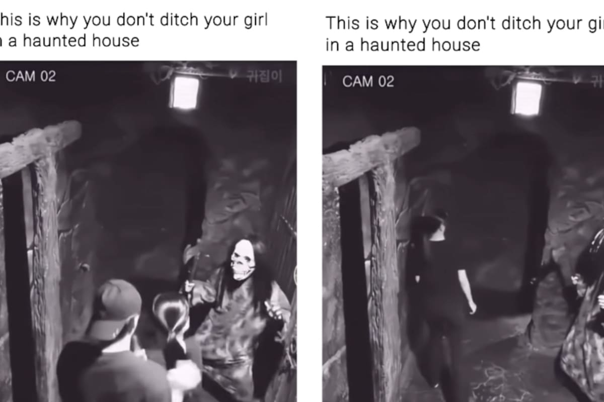 Pareja visita una casa del terror, pero el chico lanza a su novia contra el "monstruo" y este le da su hacha para que lo persiga