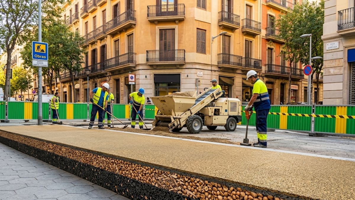 Barcelona decide cambiar el asfalto de sus calles por materiales hechos con restos de aceituna y madera para reducir hasta 76% las emisiones de CO₂, combatir el calor urbano y alargar la vida del pavimento sin alterar la movilidad diaria