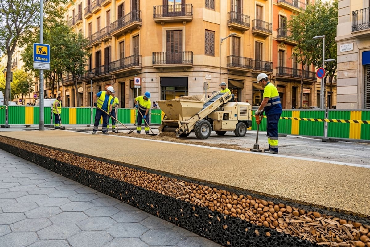 Barcelona decide cambiar el asfalto de sus calles por materiales hechos con restos de aceituna y madera para reducir hasta 76% las emisiones de CO₂, combatir el calor urbano y alargar la vida del pavimento sin alterar la movilidad diaria