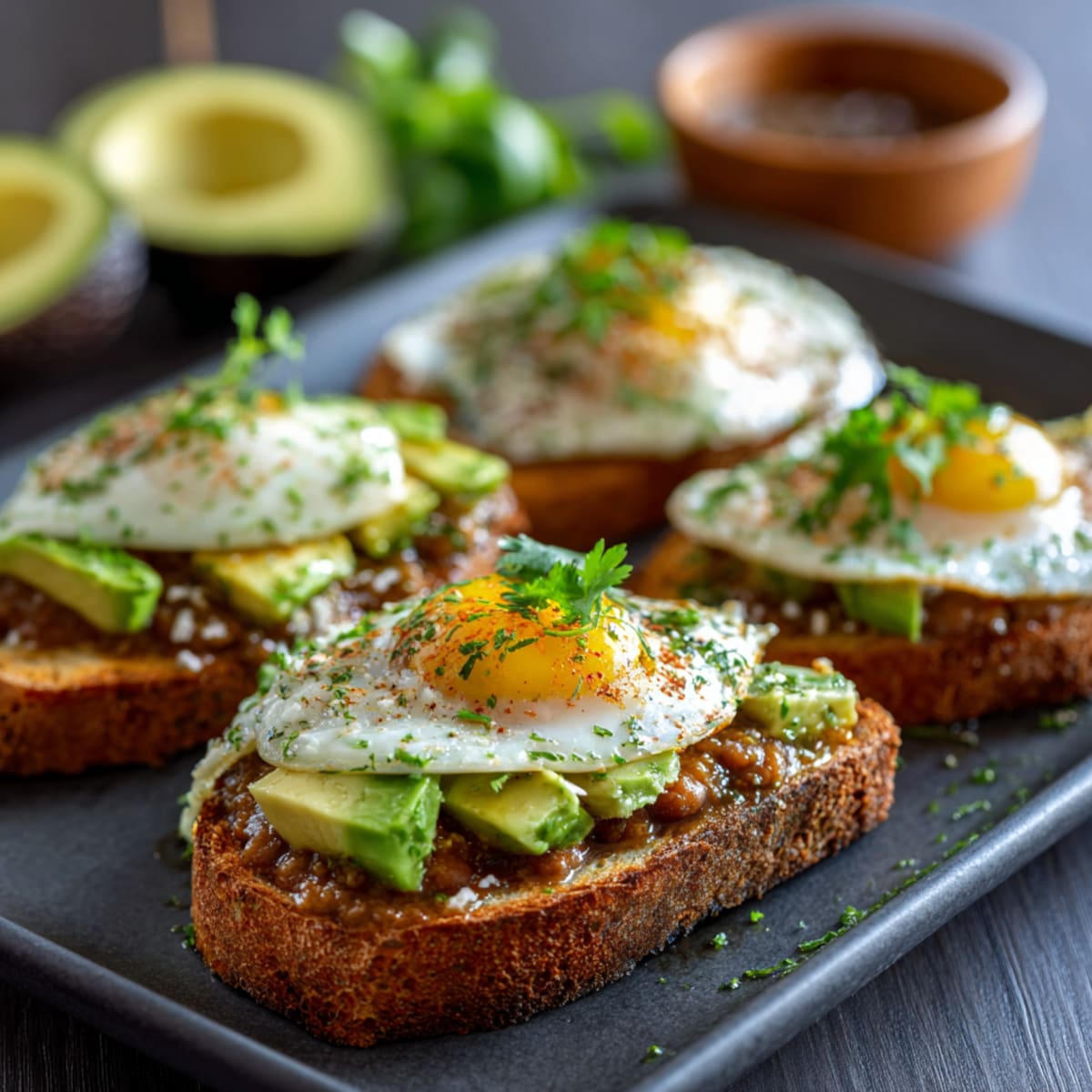 Molletes de frijoles con huevo y aguacate | Foto: IA