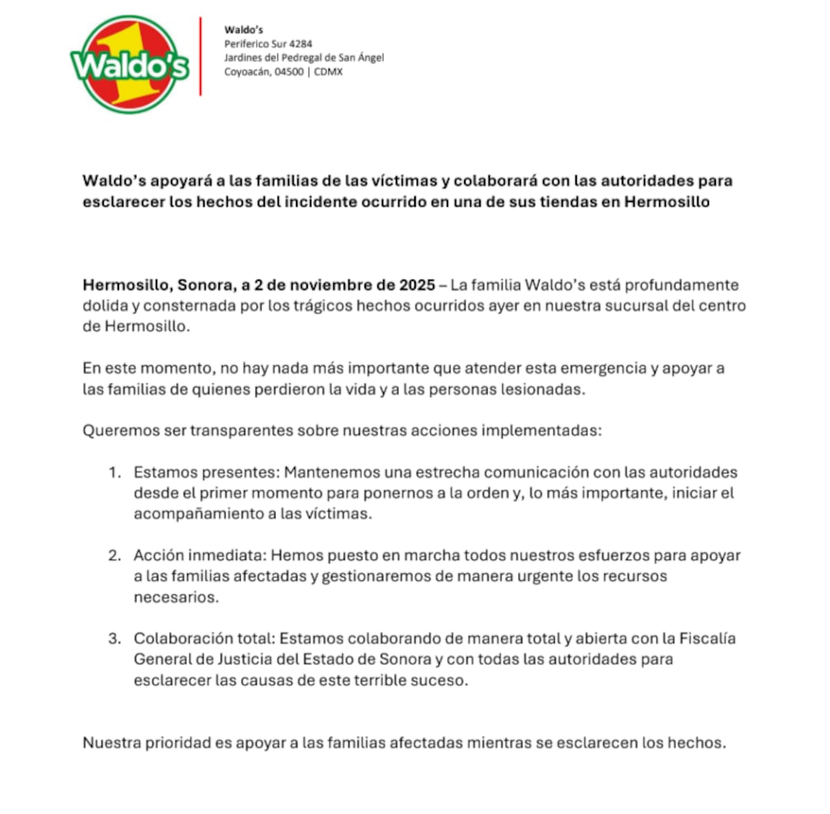 Comunicado de Waldo's. Foto: Cortesía