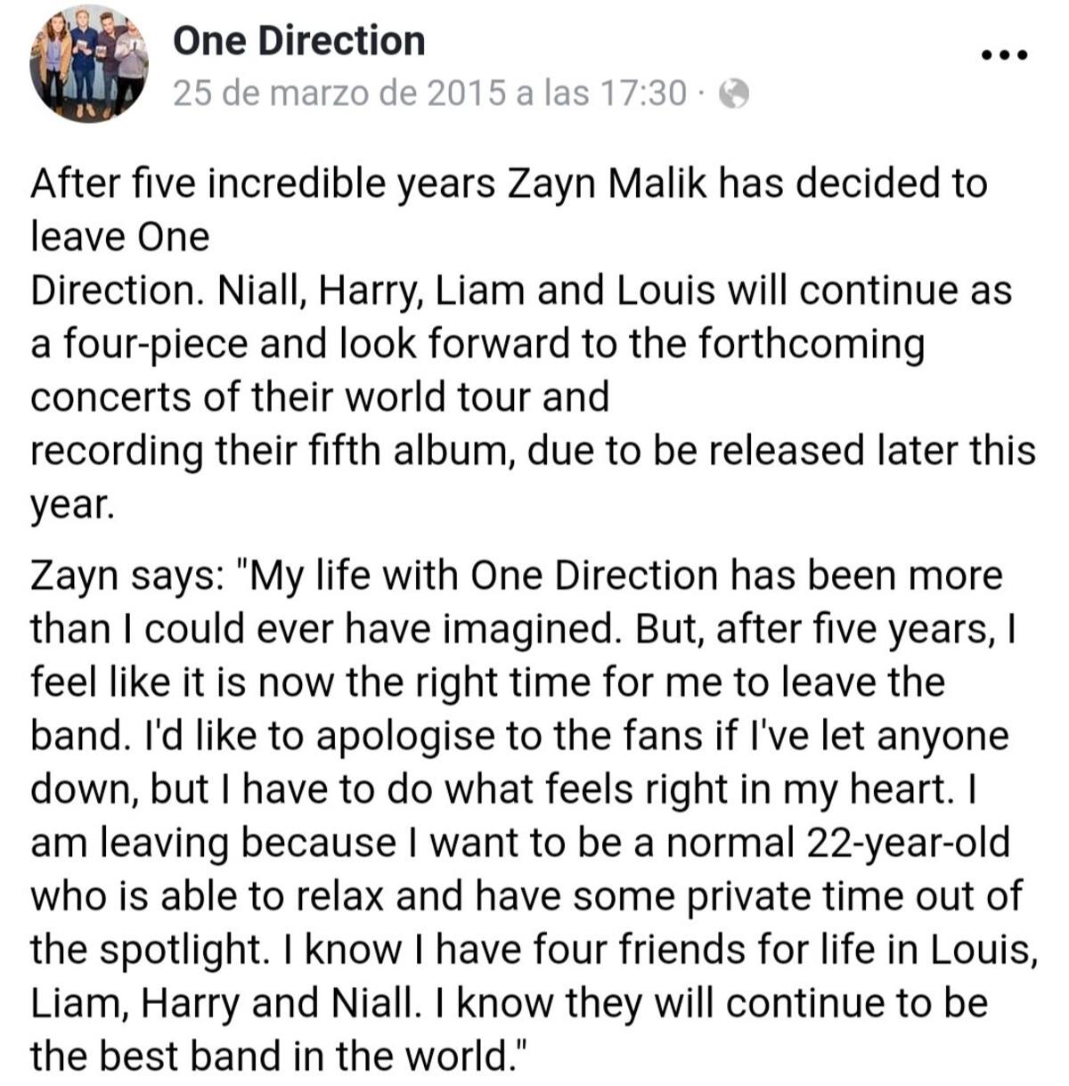 Marzo, 25. 2015. Zayn Malik abandonaba One Direction para buscar una vida lejos de la fama.