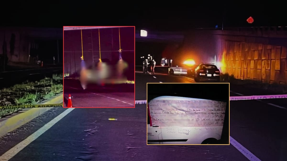 20 cadáveres encontrados en Culiacán; cuatro estaban decapitados y colgados de pies y manos de un puente. Foto: Especial (Imágenes tomadas de distintos post en X y editada en Canva).