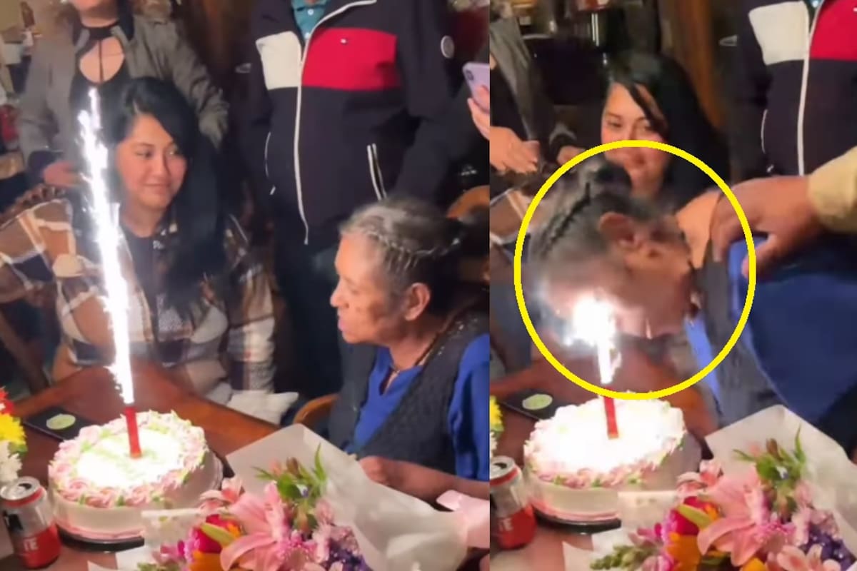 Señora celebraba su cumpleaños con pastel y vela de bengala, pero sus pensamientos intrusivos ganan y se pasa la cara por el fuego