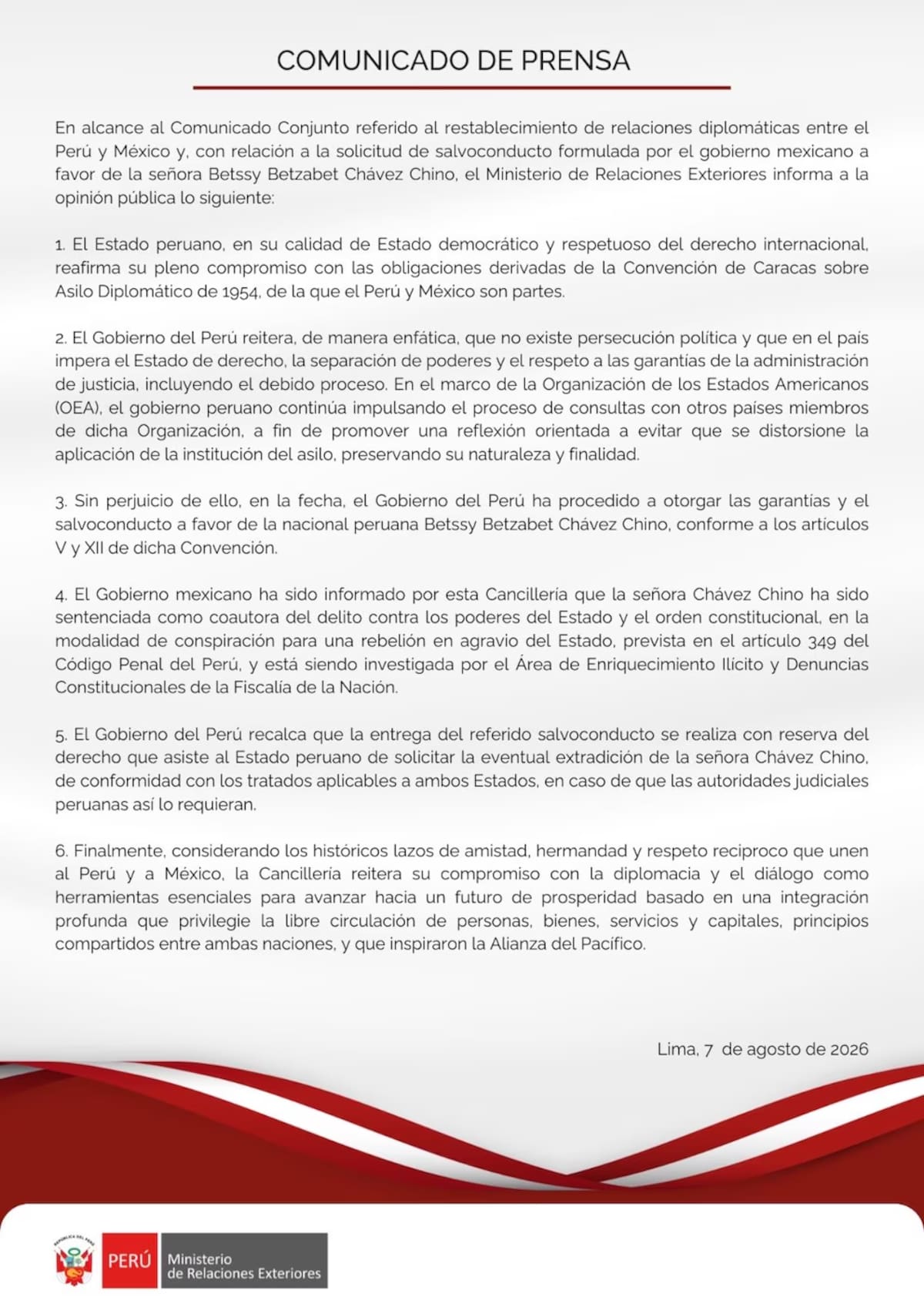 Perú emitió comunicado sobre la situación de Betssy Chávez con México. | Imagen: Gobierno de la República de Perú