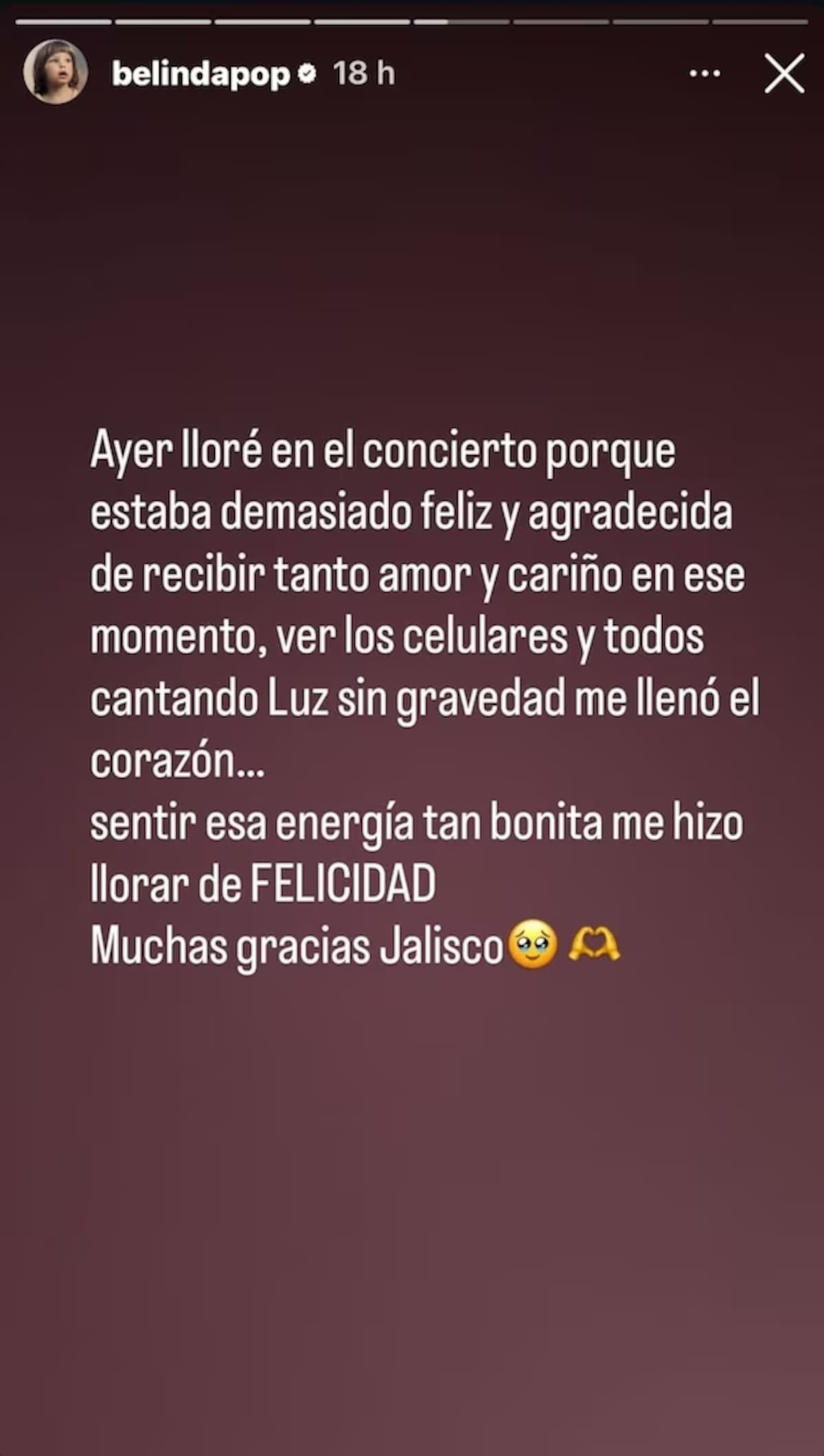 Belinda lloró de felicidad durante el concierto. | Captura de pantalla: IG @belindapop