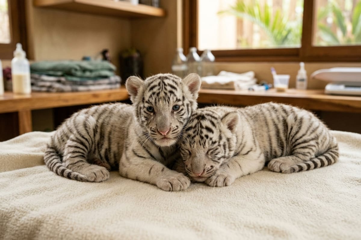 Una reserva de Veracruz logra el nacimiento de dos tigres blancos mediante inseminación artificial, mientras sus cuidadores los alimentan con leche especial y vigilan su desarrollo para favorecer su supervivencia
