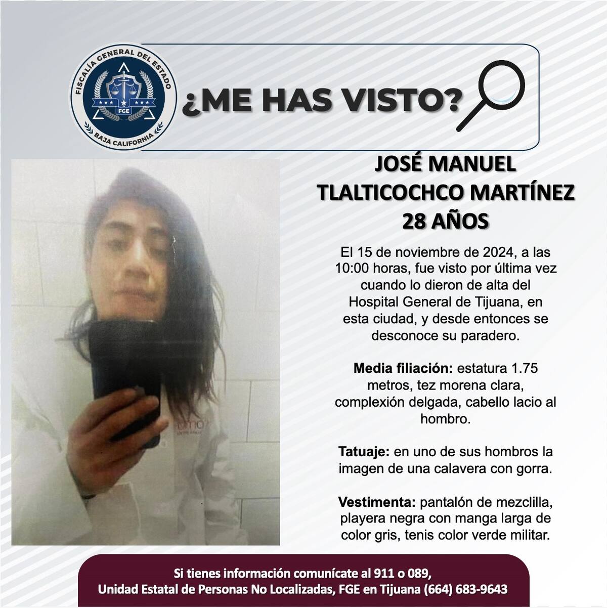 José Manuel Tlalticochco Martínez fue visto por última vez el 15 de noviembre de 2024.