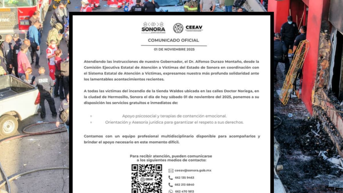 El Gobierno de Sonora, a través de la CEEAV, ofrece apoyo psicológico y asesoría jurídica gratuita a las víctimas de la explosión en la tienda Waldos del Centro de Hermosillo, donde se reportaron fallecidos y heridos