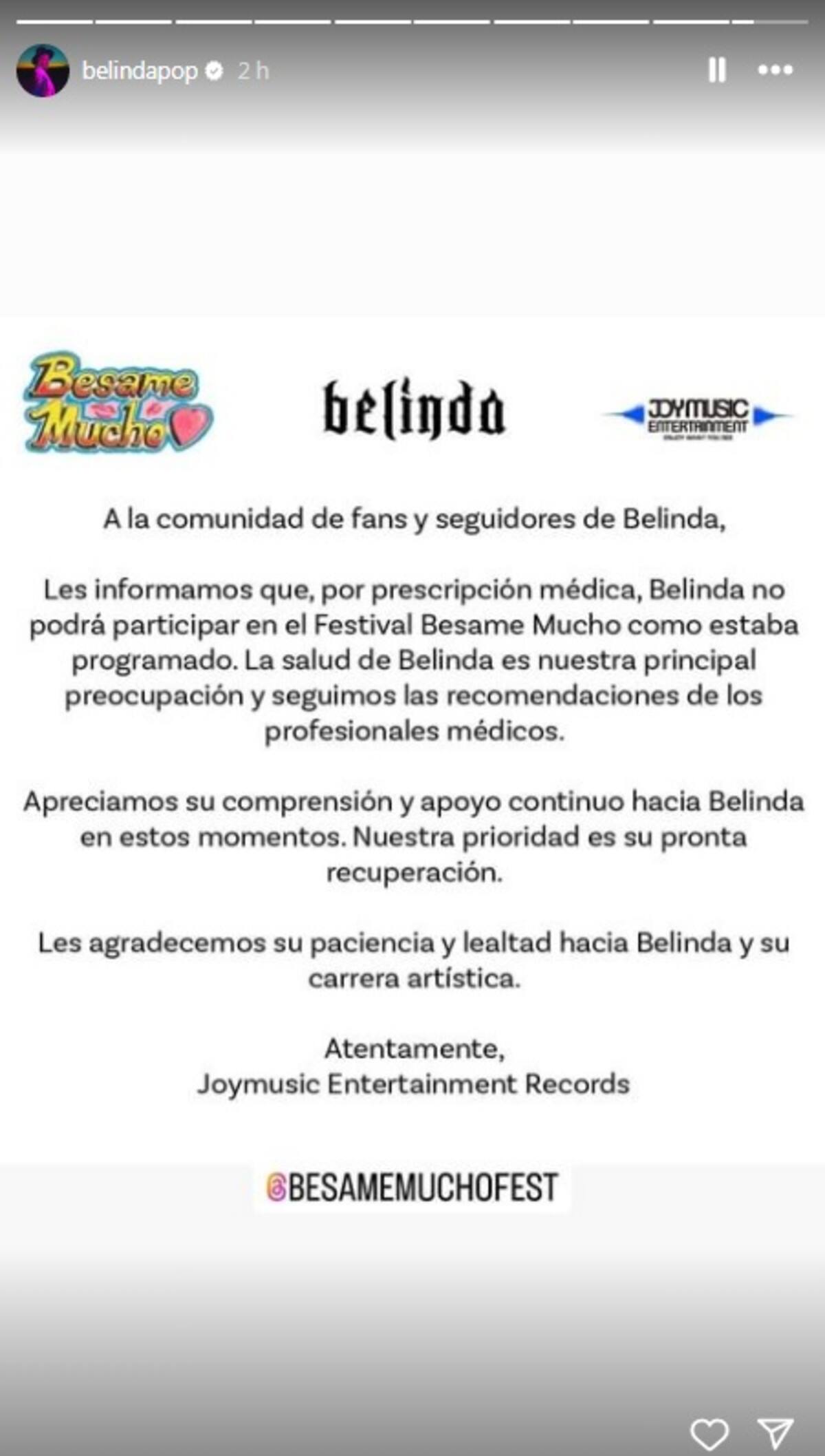 En el comunicado se pide comprensión por parte de los fans. FOTO: Instagram