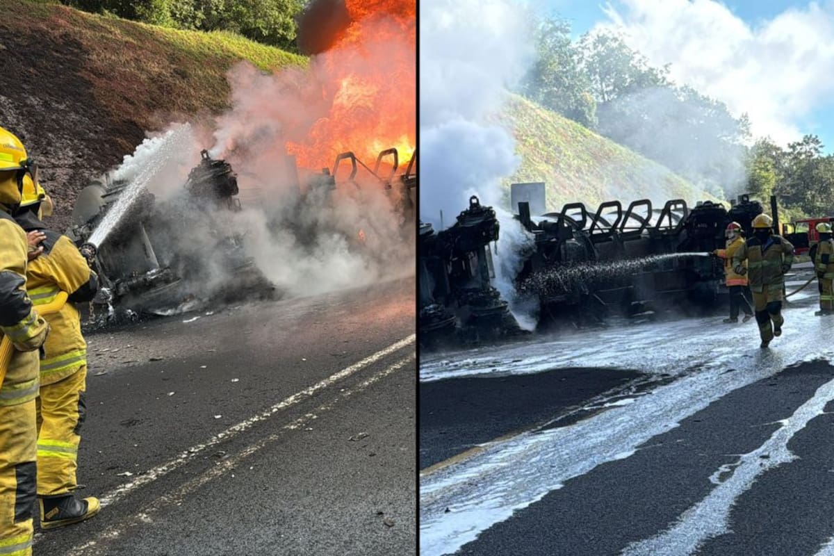 Pipa con gasolina se vuelca y explota en la carretera México-Tuxpan a la altura de Huauchinango, Puebla