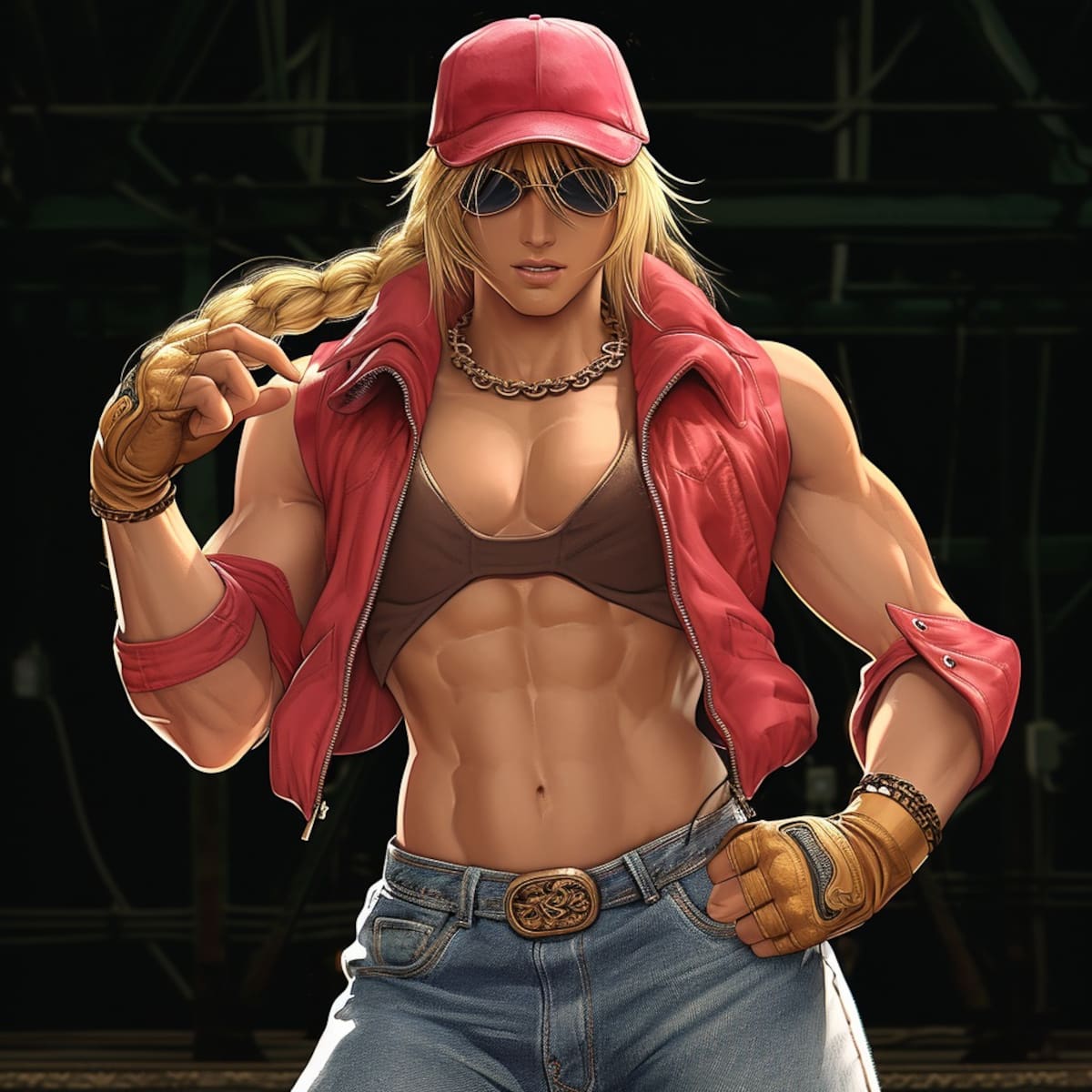 Descubre la visión única de la inteligencia artificial: Terry Bogard como una mujer con pantalones azules, chaleco rojo y una gorra emblemática.
