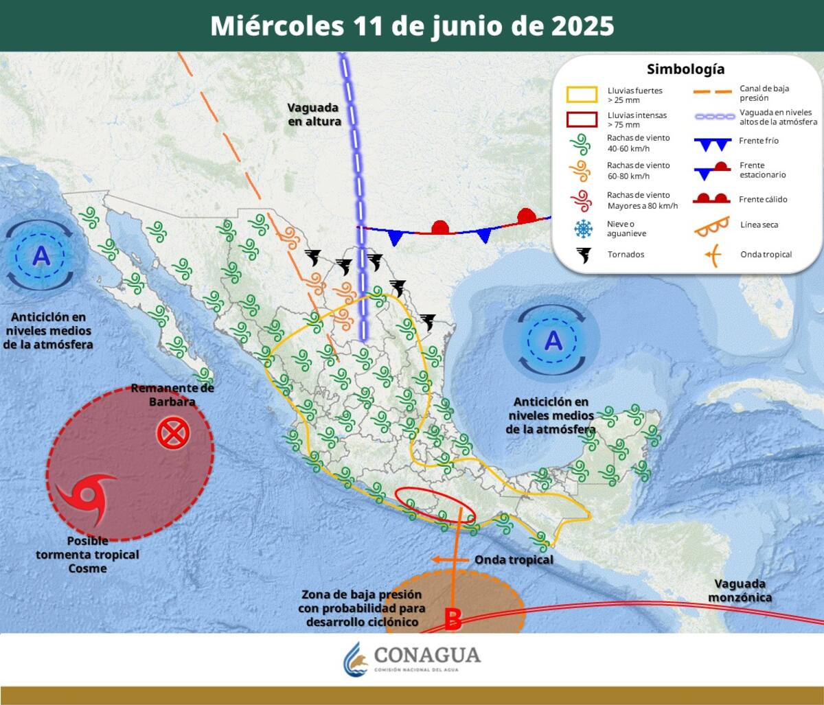 Los estados del sur, sureste y centro del país, como Guerrero, Oaxaca, Jalisco y Michoacán, recibirán lluvias muy fuertes con posibles descargas eléctricas y granizo.